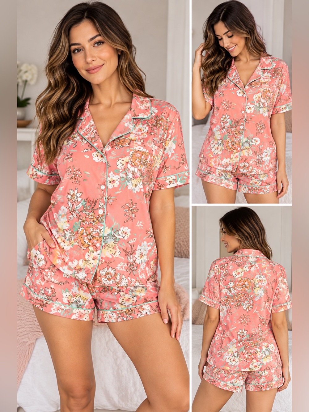 cupcakes & cashmere Coral Floral Satin Short Pajama Set